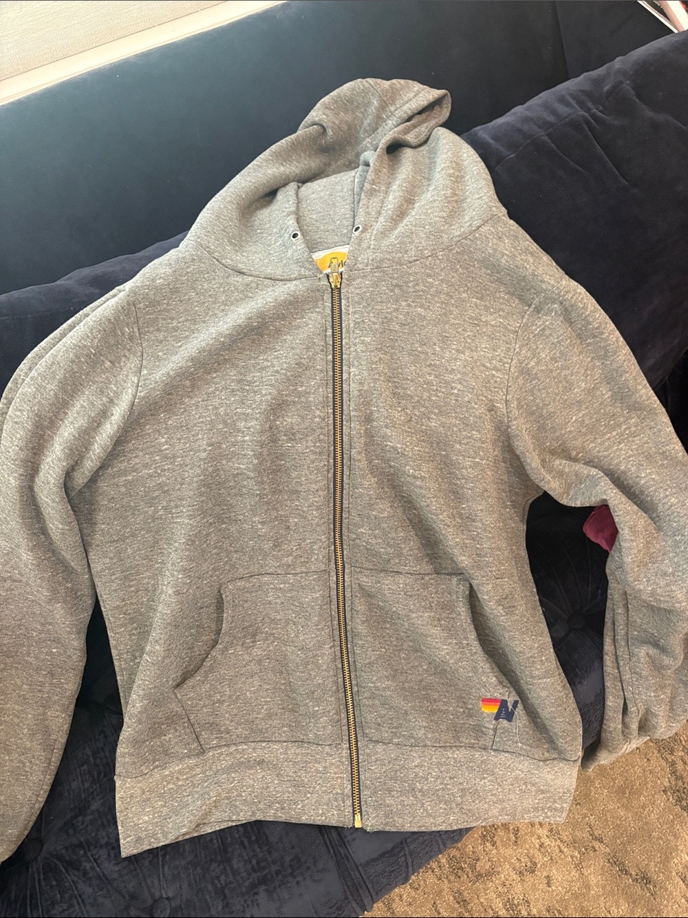 Aviator Nation Gray Zip Hoodie with Small Rainbow Logo
